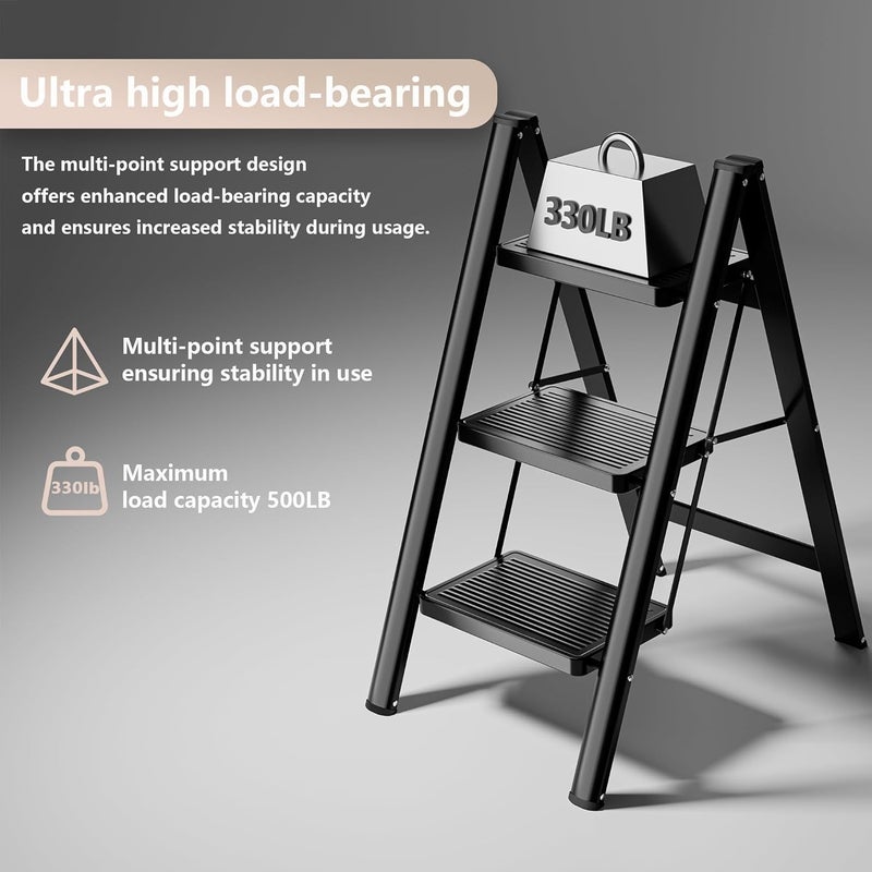 KLINK Step Ladder 3 Step Folding, Sturdy 330 Lbs Small Step Stool for Adults, Closet Step Stool Ladder with Anti-Slip Wide Pedals, Portable Folding Ladder for Home Kitchen Office - Image 2